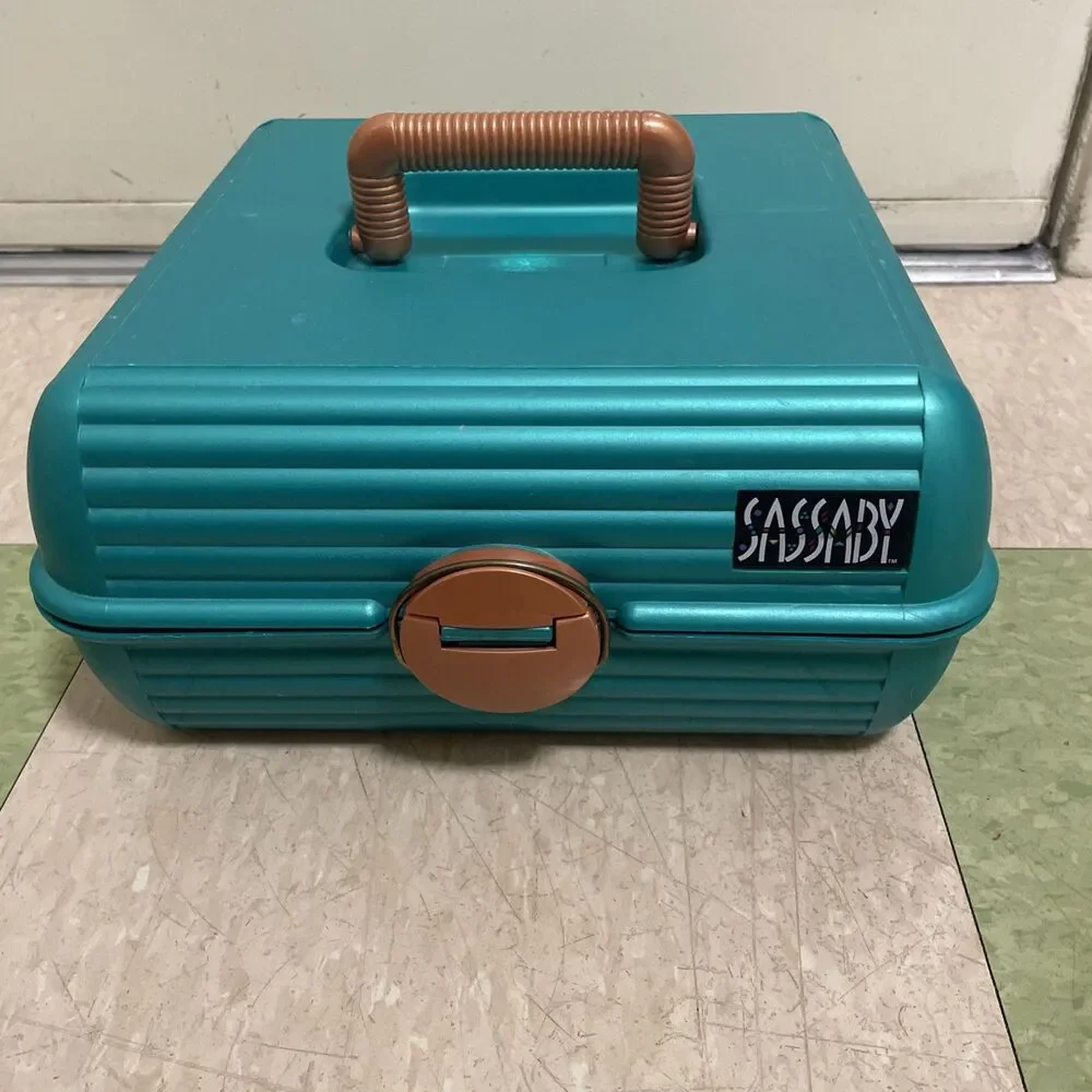 Vtg SASSABY Makeup Case Travel Organizer Model 108 Hard Case GREEN Blue Gold